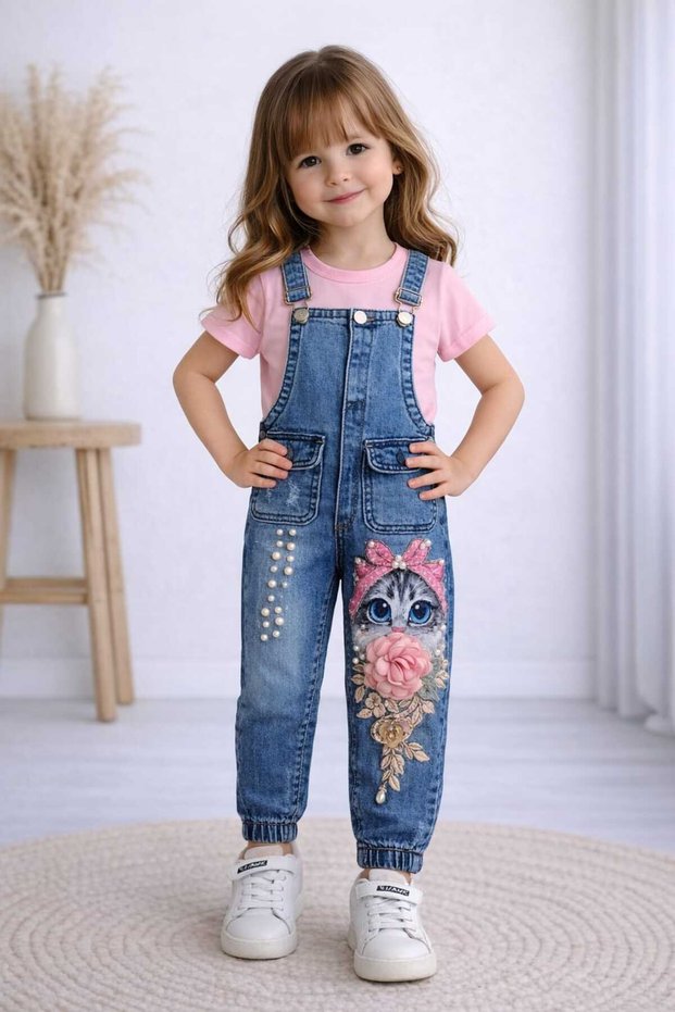 Seasonal Girls' T-Shirt and Printed Denim Salopet 2-Piece Set - Denim Overalls - Holiday Wear