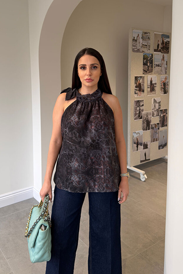 Premium Patterned Halter Neck Blouse - Anthracite