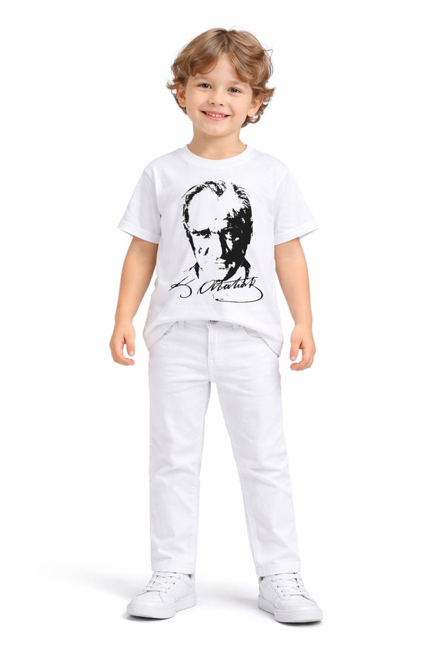 Ataturk Printed White Boys' Short Sleeve T-Shirt and White Pants Set
