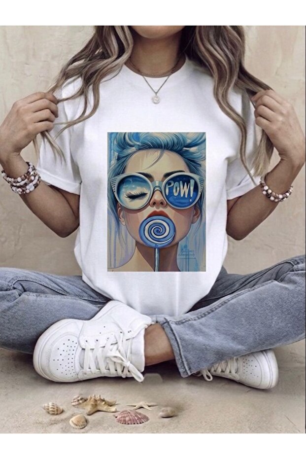 تي شيرت نسائي أبيض كبير الحجم مطبوع عليه فن البوب بتصميم Pow
