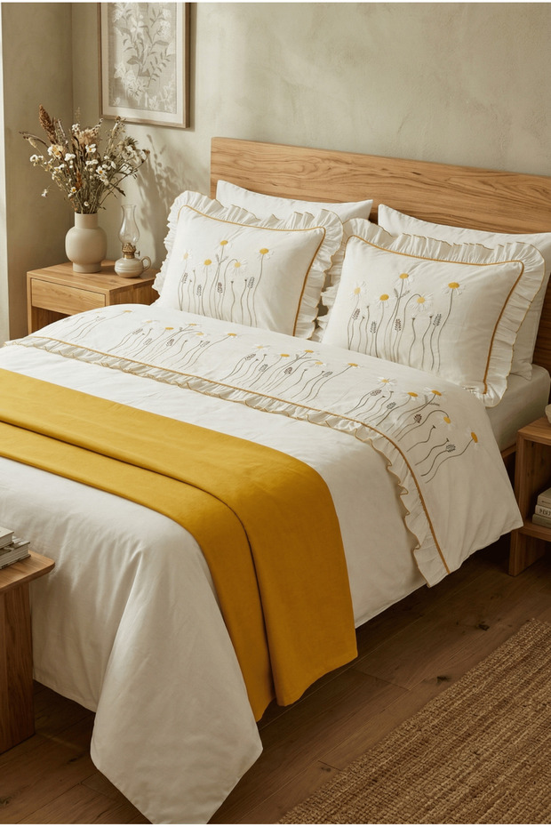 Solena Daisy Embroidered and Ruffled 100% Cotton 7 Piece Double Size Mustard & Ecru Duvet Cover Set
