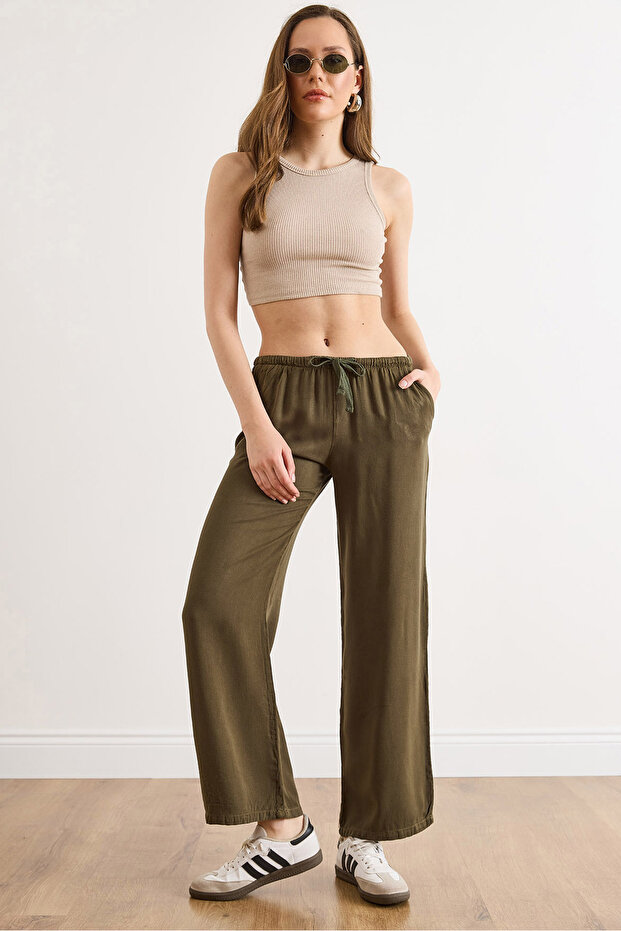 Women's Dark Khaki Slim Elastic Waist Washed Draped Viscose Trousers Pnt-19000400