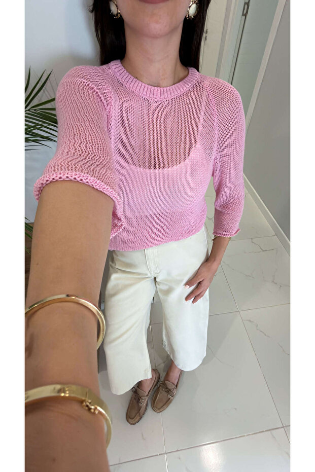 Cholwe Pink Crew Neck Knitted Sweater