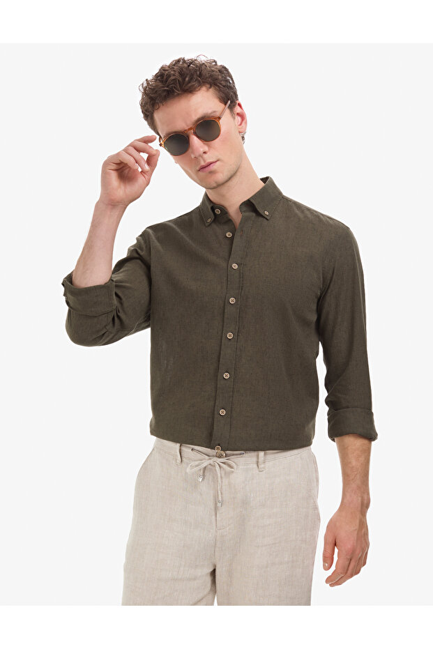 Khaki Linen Blend Regular Fit Long Sleeve Shirt 50320941-Vr027