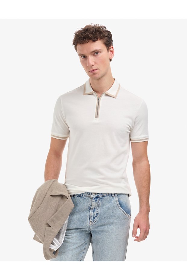 Ecru Slim Fit 100% Cotton Zippered Polo Collar T-Shirt 50321201-Vr019