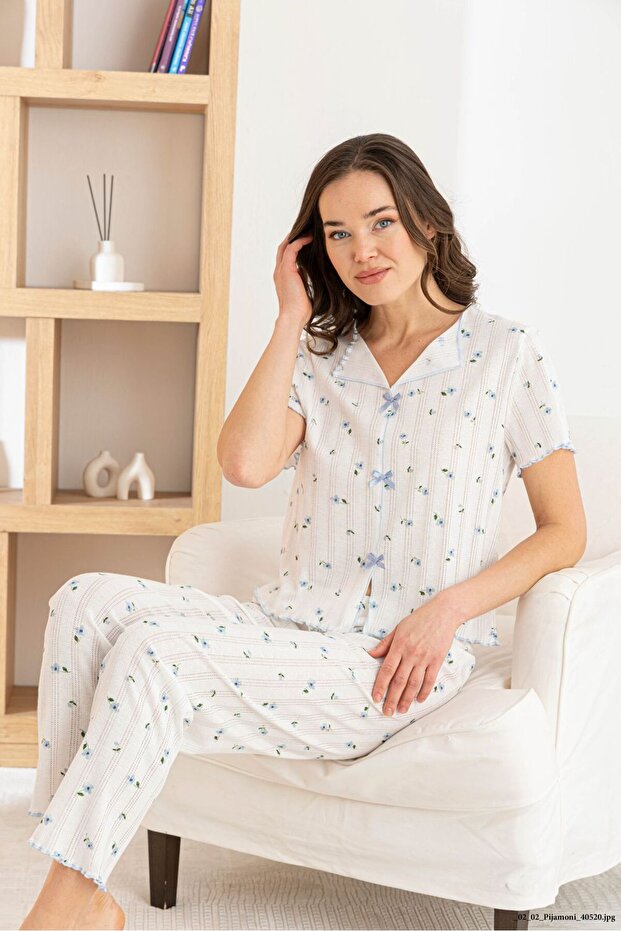 Women's 100% Cotton Ribbon/Bow Short Sleeve Ribbed Quality Knitted Pajama Set