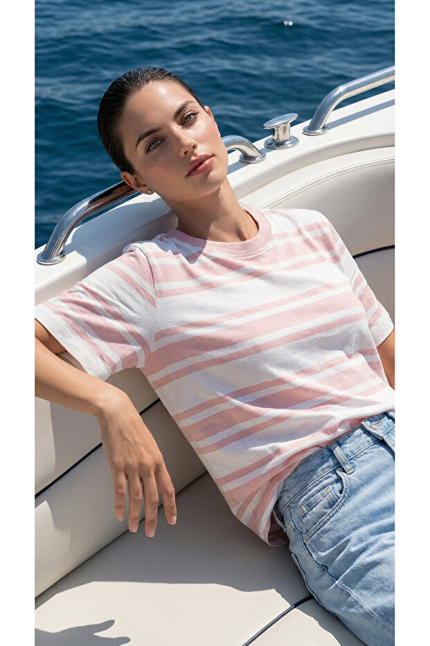Women's Pink Striped Basic T-Shirt 100% Cotton Comfortable Fit Summer Premium Style