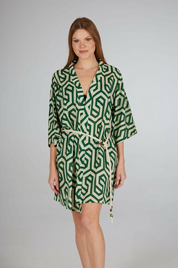 Green Stripe Patterned Voile Pareo with Rope Belt