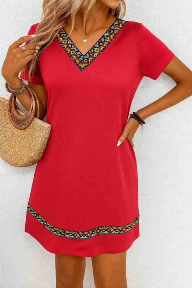Women's Short Sleeve V-Neck Ethnic Pattern Stripe Detailed Viscose Dress