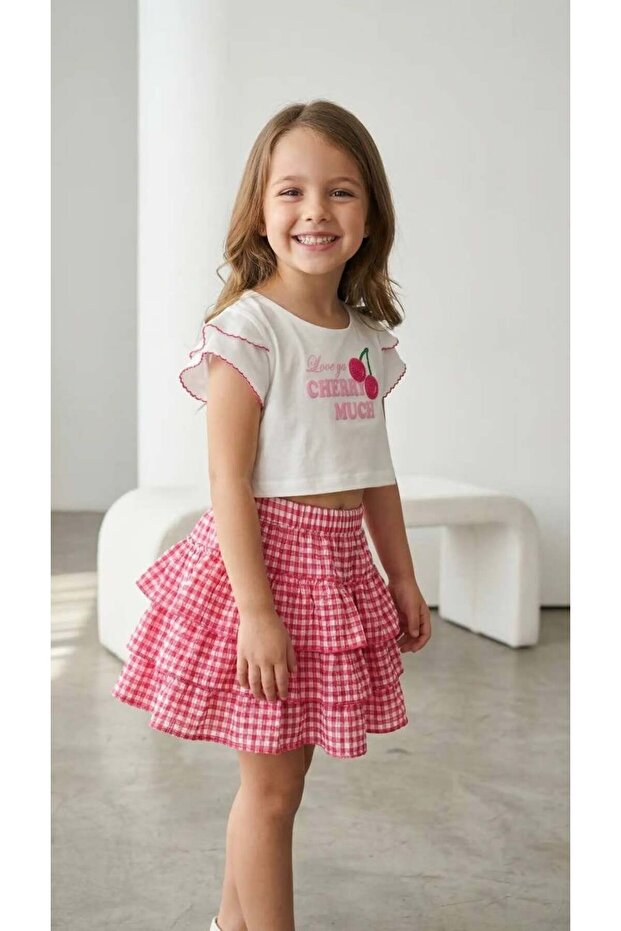 Girl's Plaid Patterned Layered Skirt Set with Crop T-Shirt Summer Combination