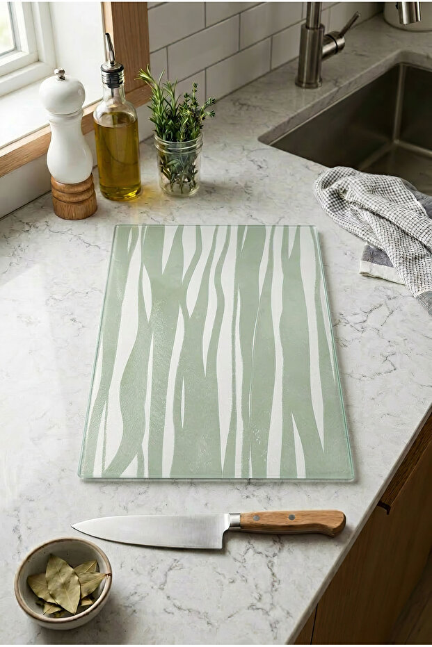 Glass Cutting Board with Non-Slip Base and Green Forest Pattern