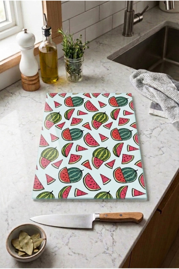 Glass Cutting Board with Non-Slip Base, Watermelon Themed