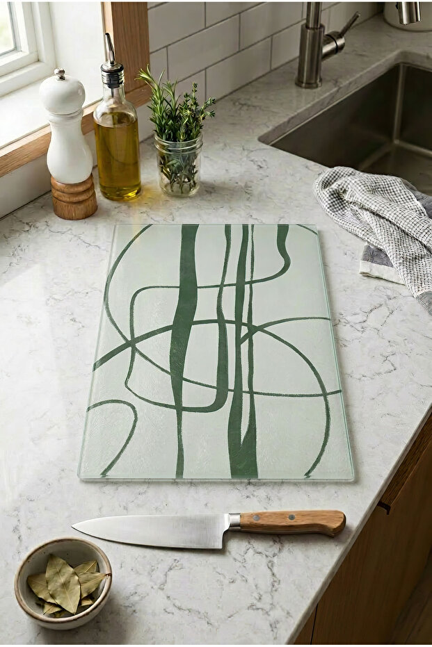 Glass Cutting Board with Non-Slip Base and Organic Stripes