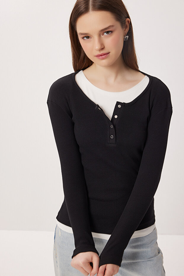 Layered Snap Fastener Ribbed Knitted Blouse Lrn0030 Black