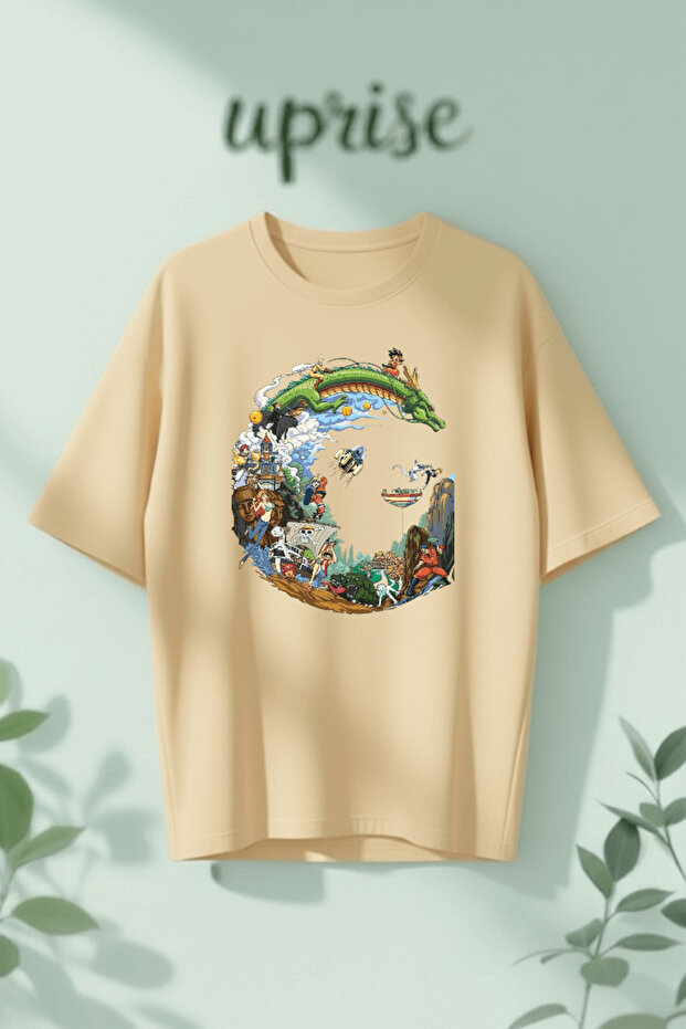 تي شيرت قطني كبير الحجم مطبوع عليه رسومات أنيمي كولاج