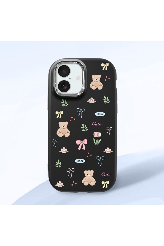 iPhone 17 Compatible Camera Protected Black Soft Silicone Phone Case with Cute Pattern