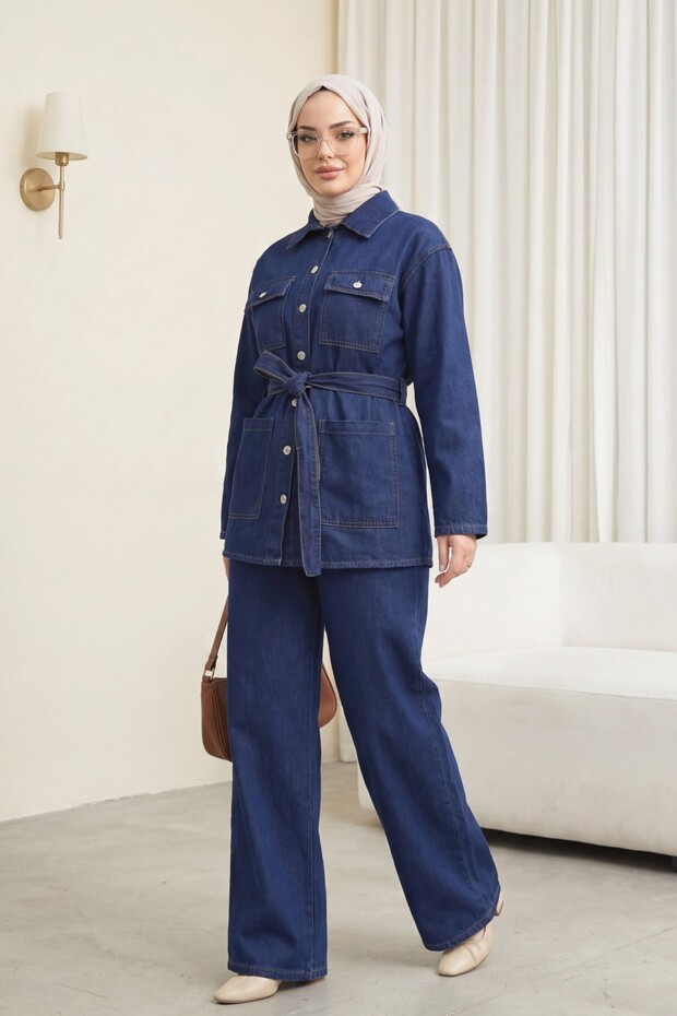 Belted, Pocketed, Button-Front Denim Suit - Navy Blue