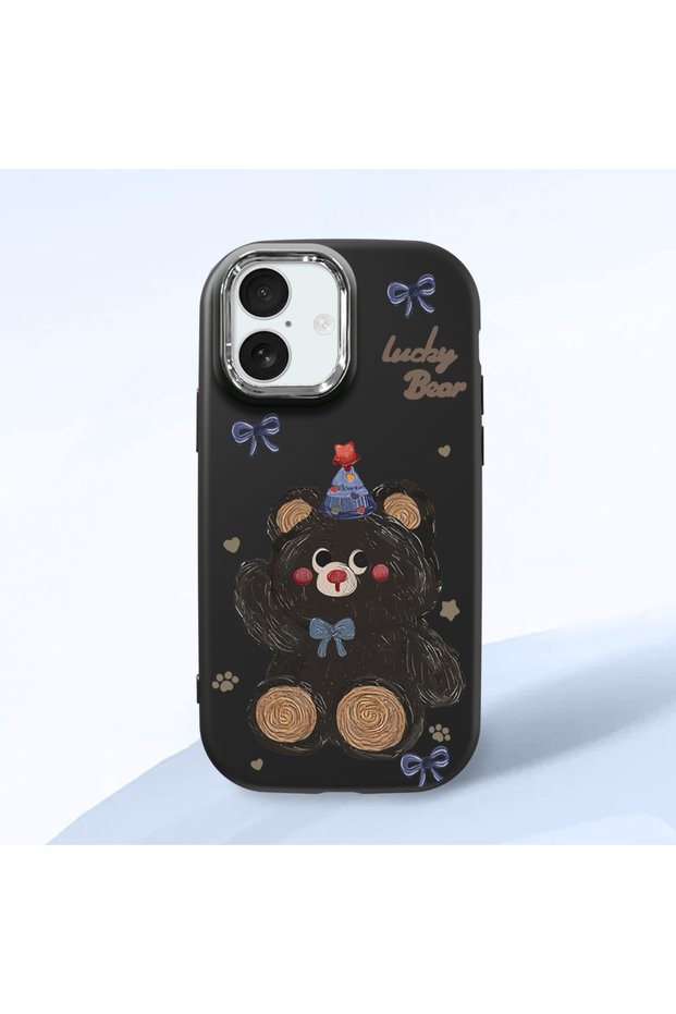iPhone 17 Compatible Camera Protected Black Soft Silicone Phone Case with Bear Pattern