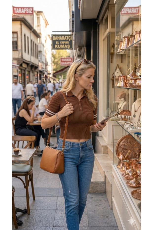 Corded Fabric Polo Neck Knitwear T-Shirt
