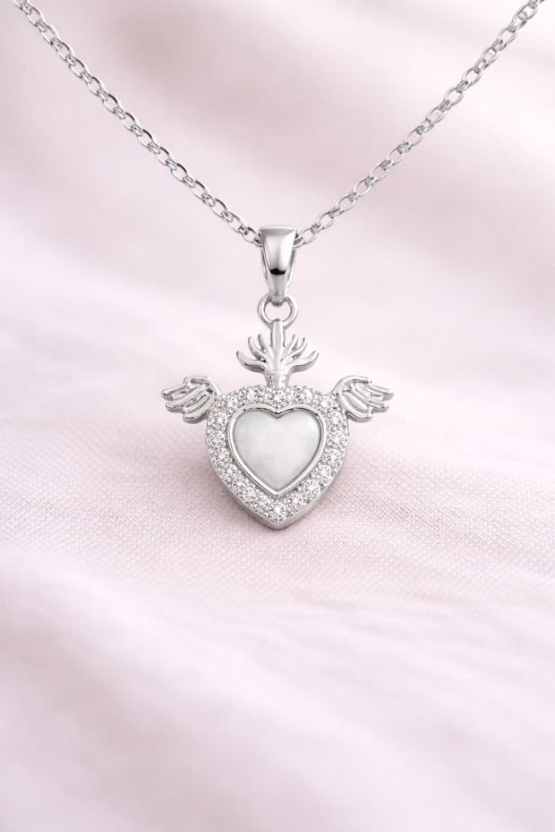 Silver Color Necklace with Wing Detail and Heart Figure and Shiny Stones