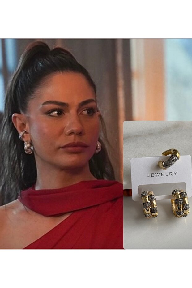 Brand Equivalent Stone-Studded Hoop Earrings and Earcuffs (Equivalent to One April Earring). Demet Özdemir 3-Piece Earring Set)