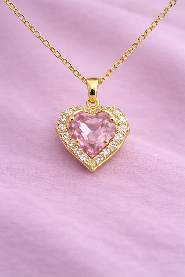 Heart Cut Pink Shiny Stone Detailed Gold Color Necklace