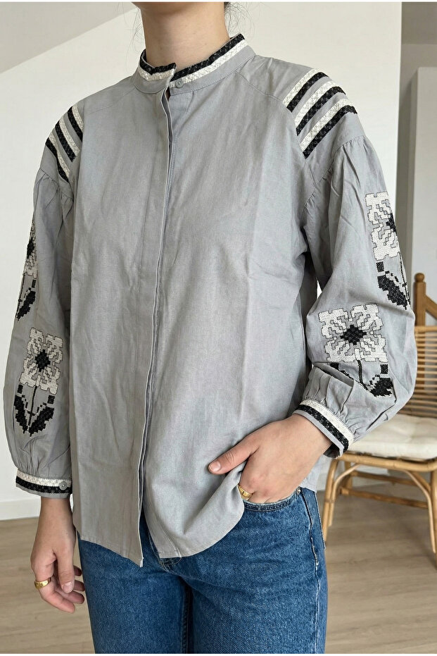 Women's Gray Hidden Button Embroidered Cotton Shirt
