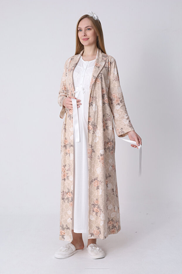 Maternity Nightgown and Robe Set – Maternity Set, Striped Robe and Cotton Nightgown