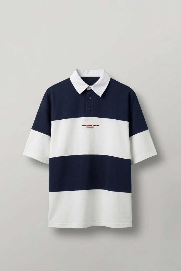 Men's Oversize Color Blocked Polo Collar T-Shirt Navy Blue