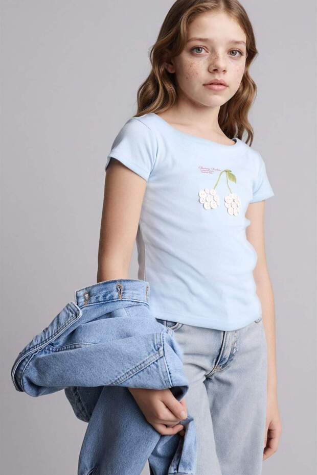 100% Cotton Fruit Patterned Ribbed T-Shirt Girls H6229A826Sm