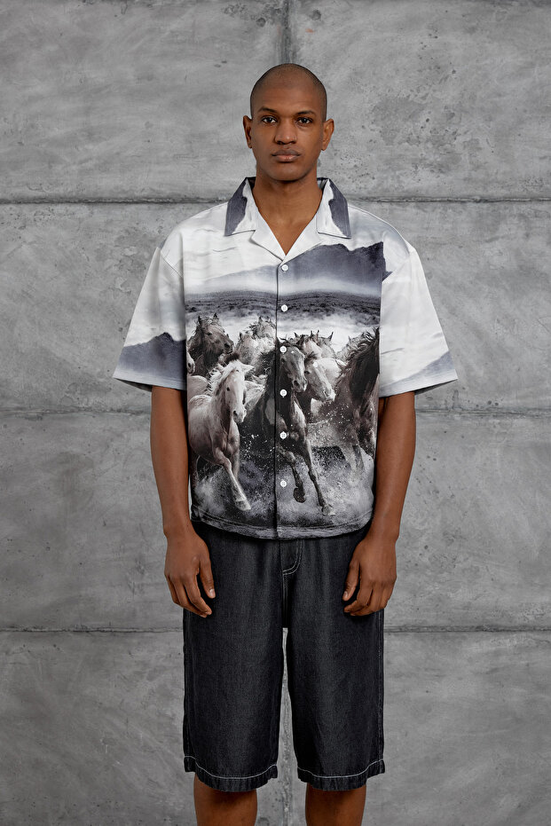 Men's Shirt Digital at White Oversize Printed Polyester