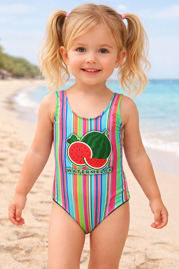 Watermelon Patterned Striped Girls' Swimsuit