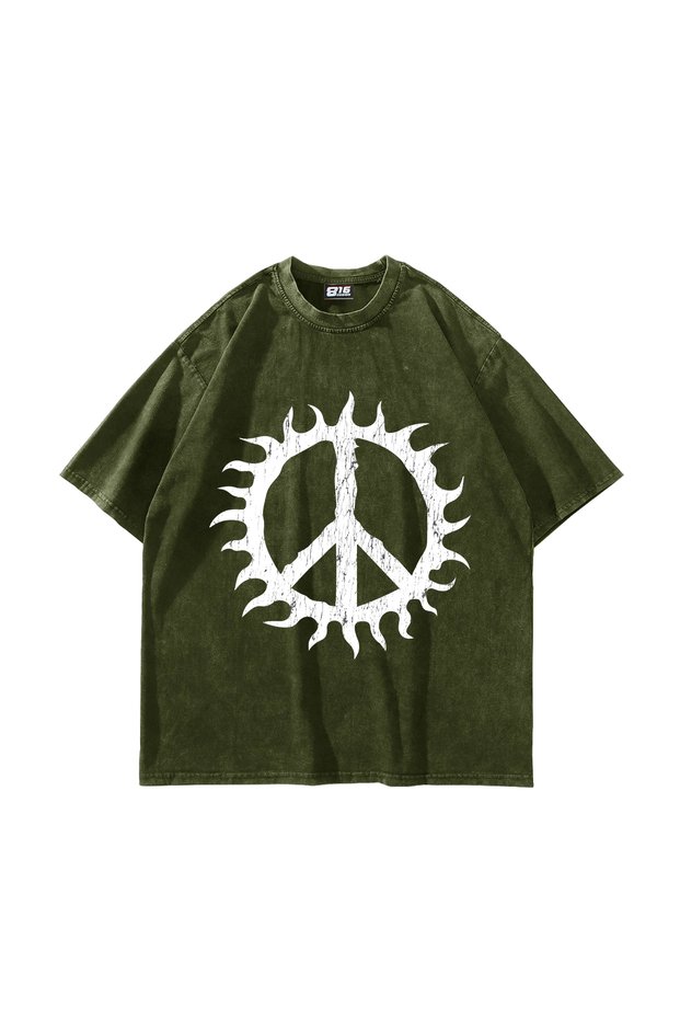 Peace Life Printed Oversized Unisex Washable Green Tshirt