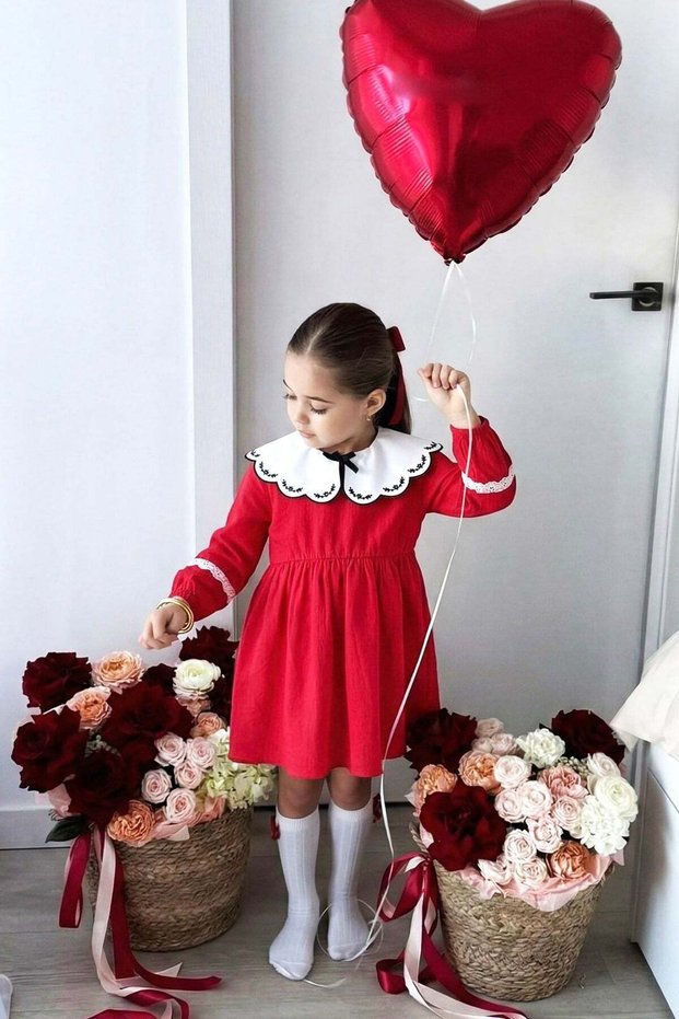 Girl's Red Cotton Baby Collar Embroidery and Lace Detailed Muslin Dress