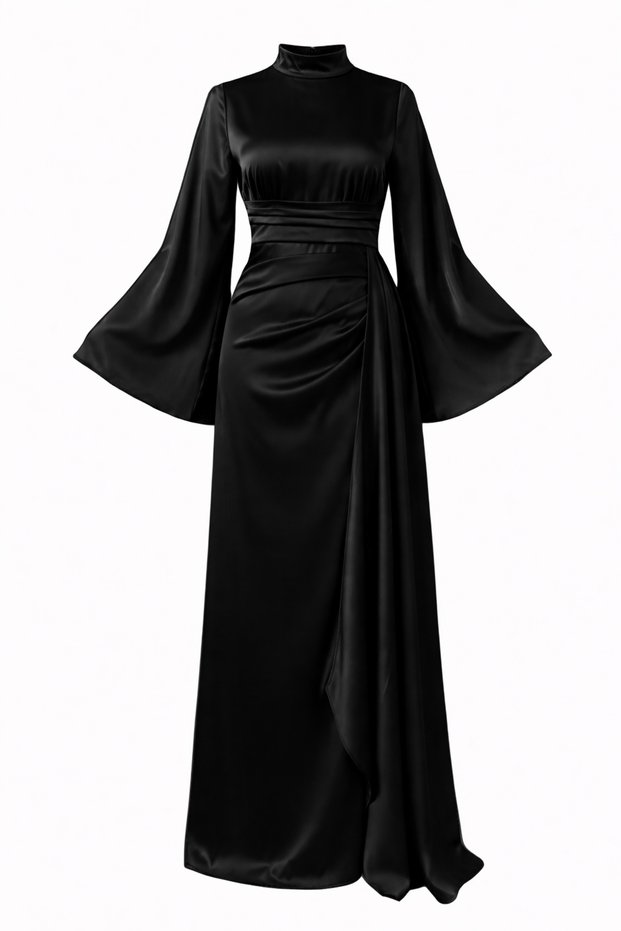 Zara Satin Hijab Dress Draped Long Evening Dress High Neck Stylish Special Occasion Dress