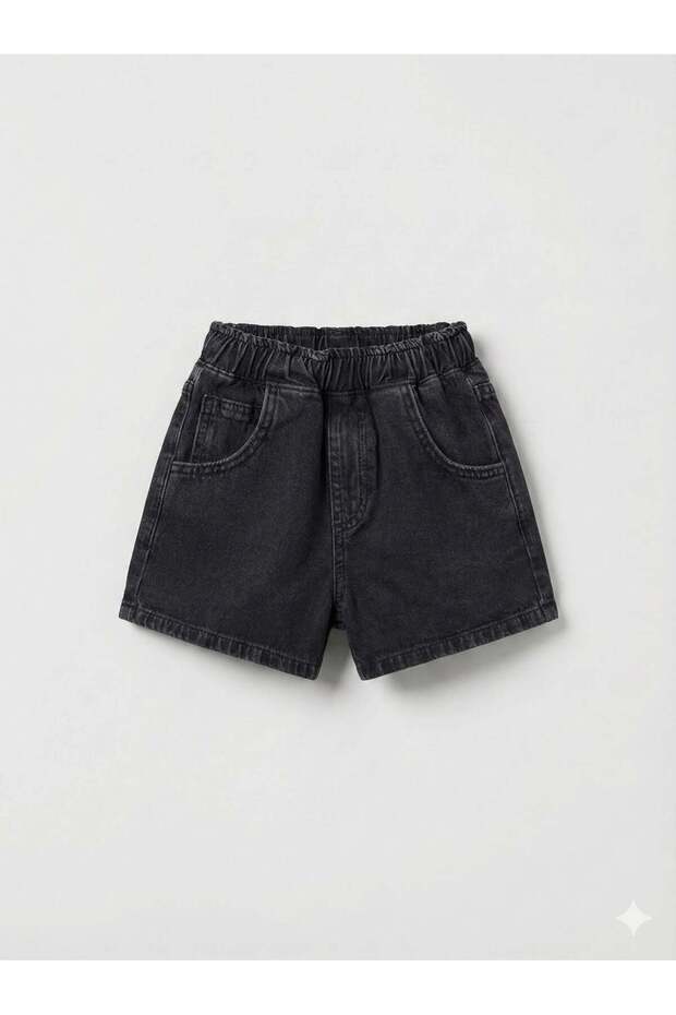 Unisex Kids' Cotton Black Jean Shorts - Elastic Waist with Pockets