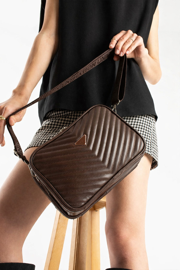 Women's Bitter Brown Leather V Quilted Stitching Design Cross Strap 3-Compartment Double Zipper Daily Shoulder Bag