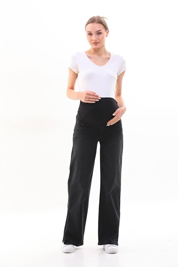 Maternity Stretchy Waistband Adjustable Waist Adjustable Leg Slit Jeans Dark Smoked