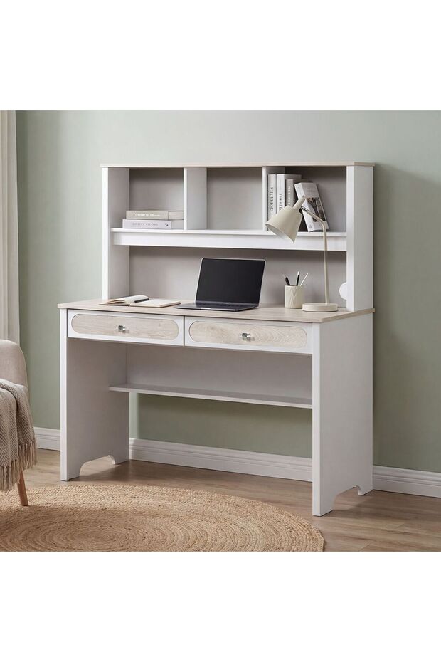 Swiss 2Drawers Study Deskw/Hutch|Computer Table Wooden Study Table 120xW55xH166.5cm-Light Oak+White
