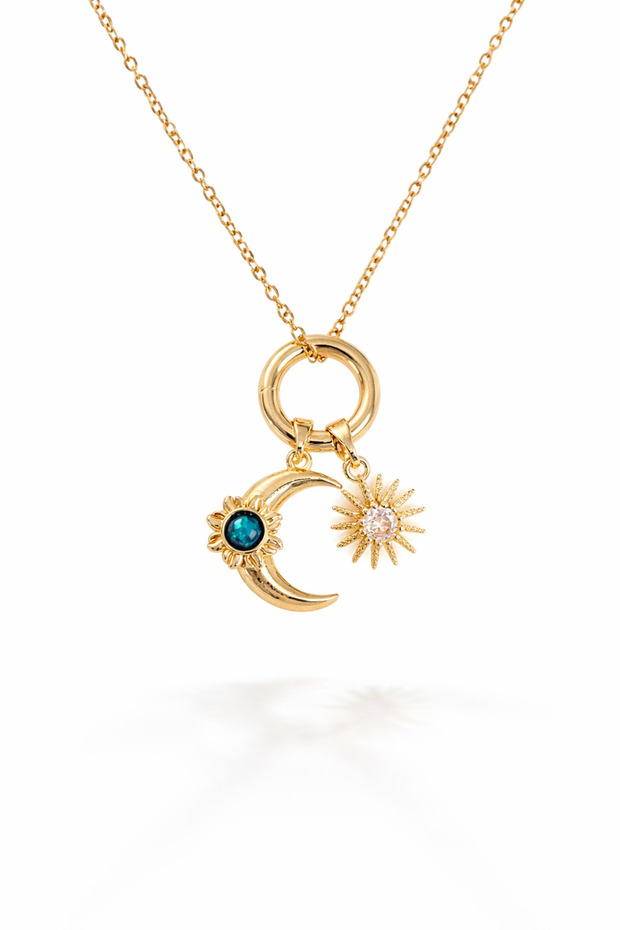 316L Steel Gold Color Day and Night Themed Charm Necklace – Elegant Women's Necklace with Moon and Sun Figures