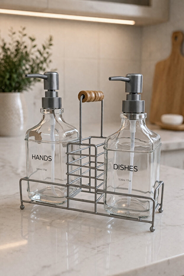Luxury Bamboo Handle Gray Metal Stand Double Glass Liquid Soap Dispenser 500 Ml, 23X9X23,5 cm