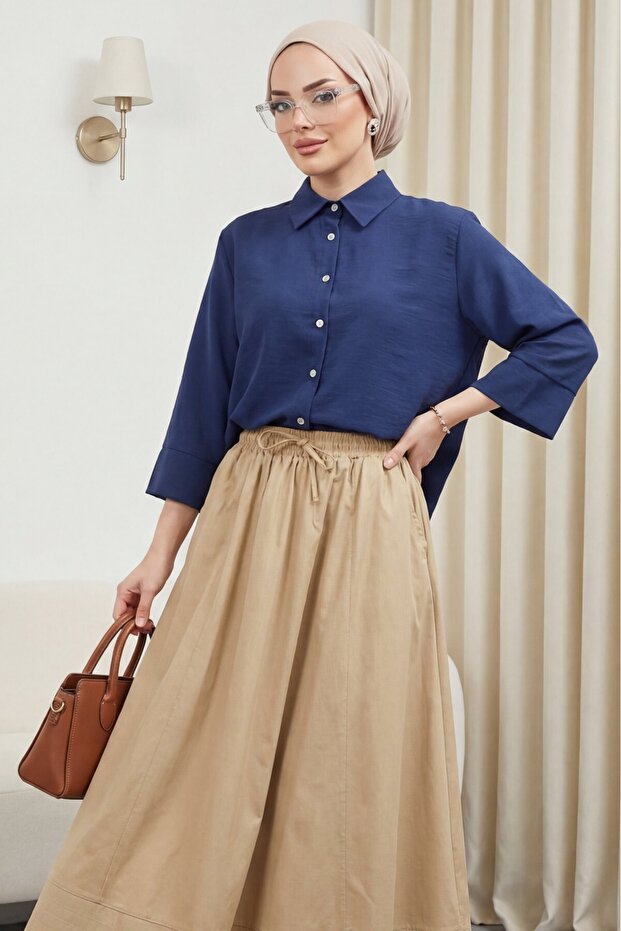 V-Neck Buttoned Half Sleeve Modal Shirt - Dark Blue