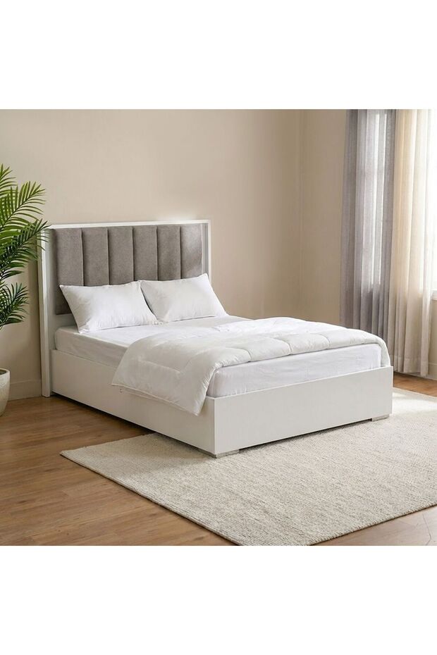 120X200 Bed With Upholstered Headboard & LED-HG White & Beige