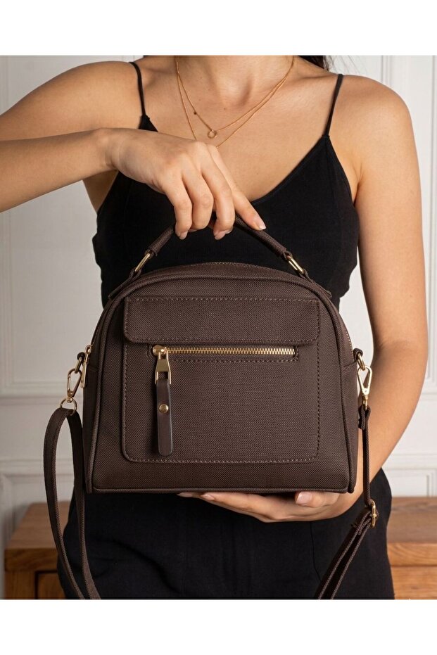 Brown Women's Crossbody and Handbag with Adjustable Strap, Leather Textured Three-Compartment Large Shoulder and Hand Bag