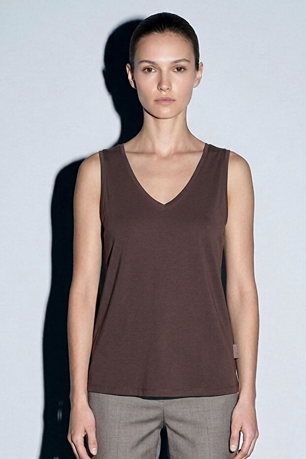 Flori Regular Fit V-Neck Slightly Open Back Oval Skirt Laser Cut Women's Blouse Top & Tshirt - Brown