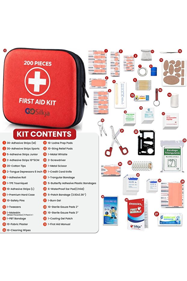 Silkja First Aid Kit 200-Piece – Emergency Medical Supplies for Home, Car, Office, Travel, School,
