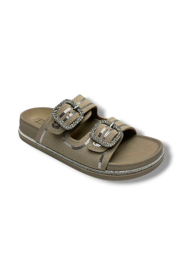 20077-010-26 Suede Stone and Sequin Double Buckle Anatomical Women's Slippers