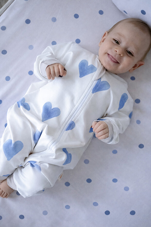 Baby Sleeping Bag 1.0 Tog, Modal & Cotton - Blue Hearts