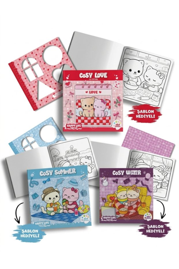 Happy Life Cozy Coloring Book Set - 3 Thematic Books 3 Special Stencil Gifts - Love, Summer, Winter Scenes