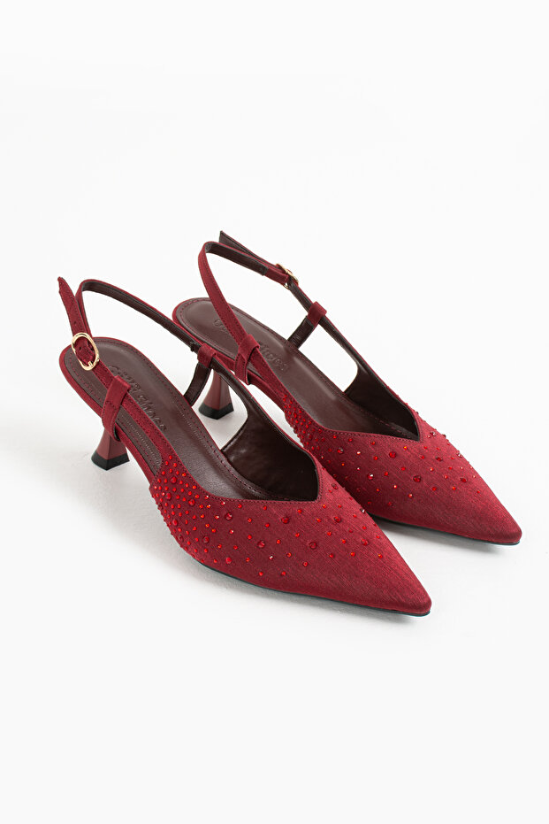 Bordo Taş Detaylı İnce Topuklu Slingback Stiletto – Şık ve Zarif Abiye Kadın Ayakkabı - 6